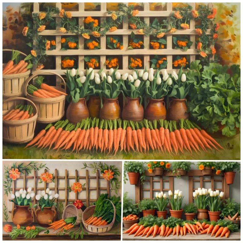 Carrots Shop Easter Backdrops for Photography Spring Eggs Party Decor Background Baby Portrait Photographic Photo Studio Props