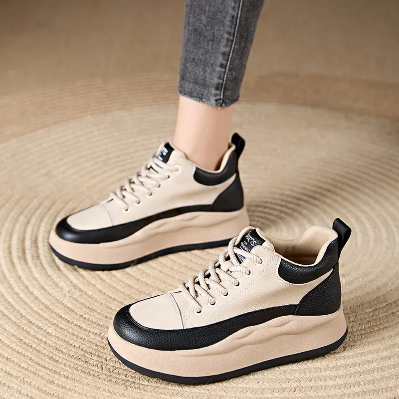 Fujin, zapatillas de deporte de marca alta con plataforma de cuero genuino de 5Cm, zapatos de mujer, botines vulcanizados, zapatos planos de moda vulcanizados