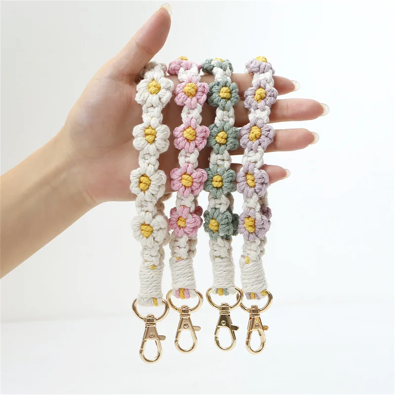 Daisy Flower Macrame Wristlet Keychains for Women Girl Knitting Key Fob Strap Wrist Lanyard Bracelet Keyring Charm Bag Accessory