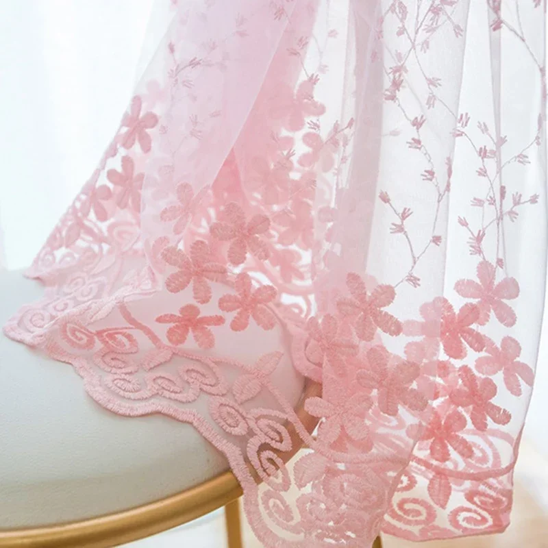 Pink Flower Embroidered Sheer Curtain French Vintage Voile Farmhouse Curtain for Bedroom Romantic Bay Window Drapes Grommet Top