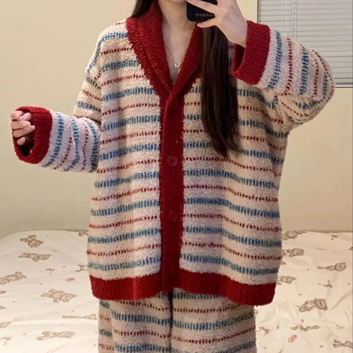 Women's Winter Fleece Pajamas Cute Striped Red Warm Thick Simple Versatile Casual Women's Loungewear·