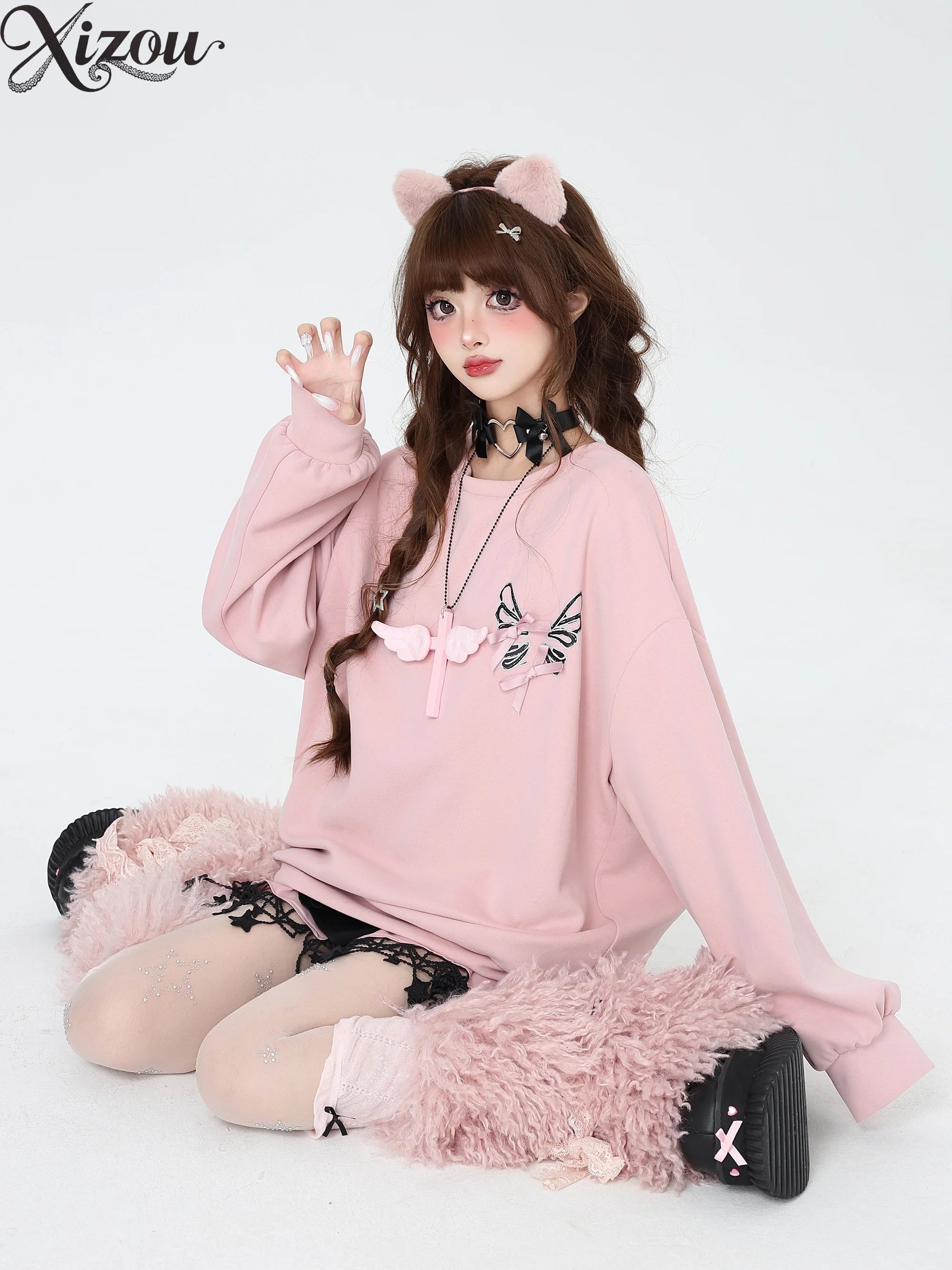 2025 y2k doce legal laço pesado artesanato moletom feminino solto manga longa em torno do pescoço outono primavera casual pulôver topos com capuz