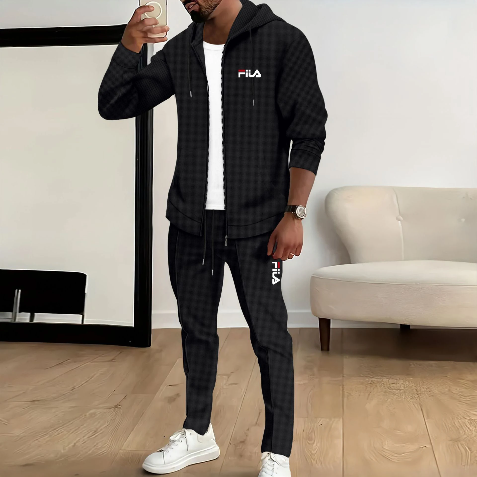 

Men's 2 Piece Waffle Knit Tracksuit Set, Zip Up Hoodie Jacket & Slim Fit Drawstring Pants, Casual Streetwear for Daily & Sport W