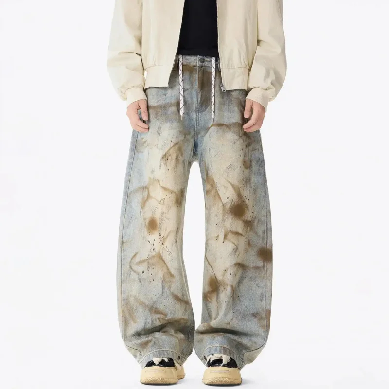 

2026 American Vintage Design Mud-Colored Washed Jeans Men Streetwear Y2K Fashion Loose Straight Cut Men Women Denim Trousers