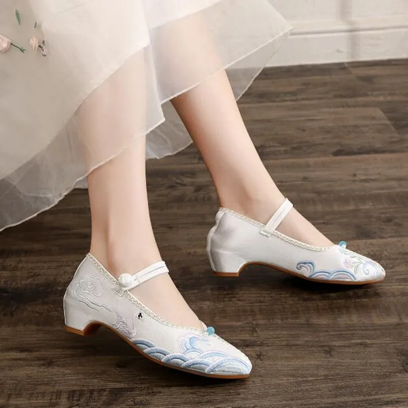 Embroidered Pointed Toe Women Mary Jane Pumps Ethnic Vintage Dress Shoe for Ladies Mid Heel Ankle Strap Dance Shoe