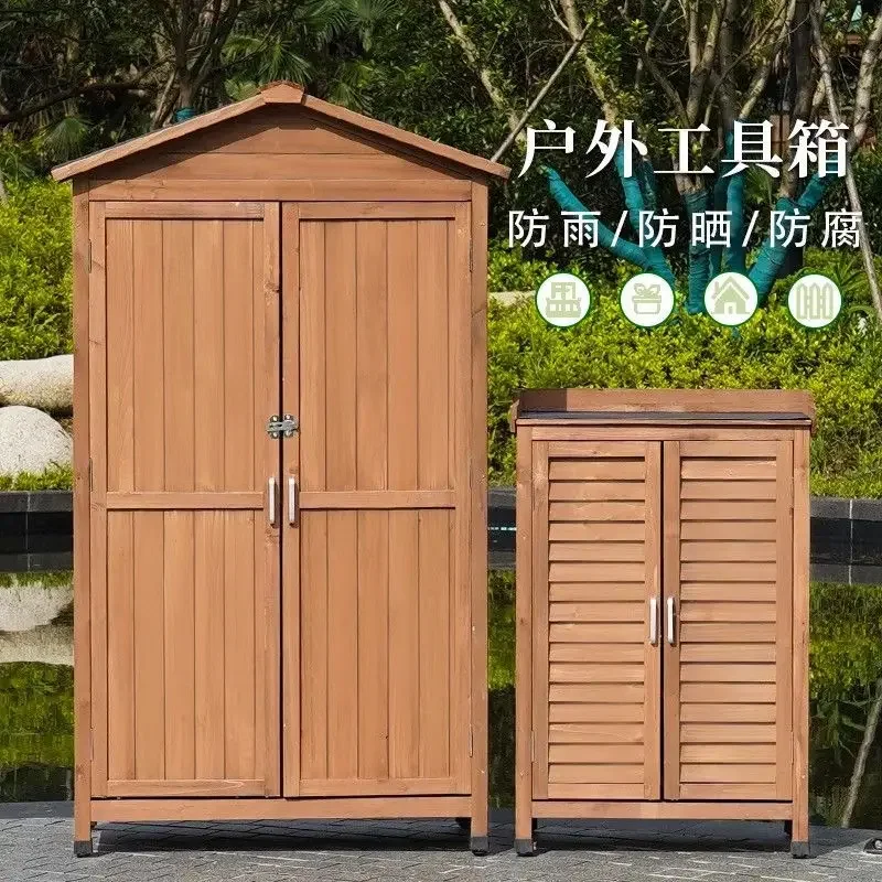 Wood Garden Outdoor Storage Cabinet with Waterproof Roof, Double Lockable Doors Garden Shed with 2 Shelves, Wooden Storage Shed
