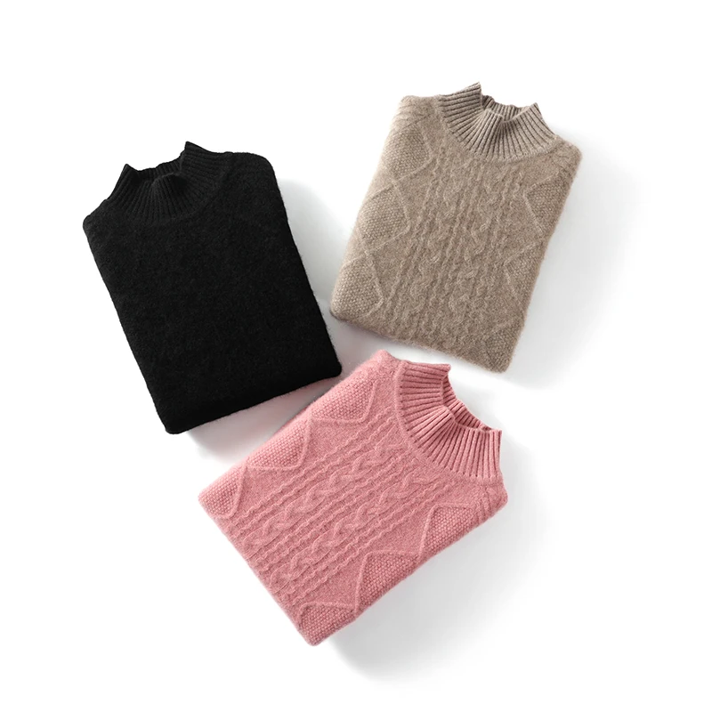 Damen-Pullover aus Wolle für den Herbst, langärmeliger, halbhoher Ausschnitt, Strickmuster-Pullover, lockeres und weiches, hochwertiges Oberteil