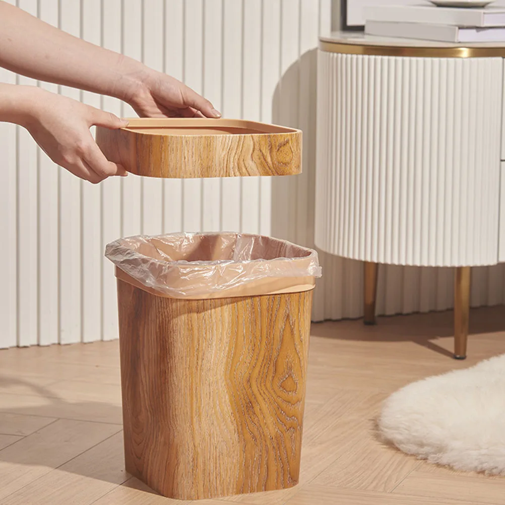 

Imitation Wood Grain Trash Can Household Plastic Garbage Bucket For Kitchen Living Room Bedroom Office Simple Style