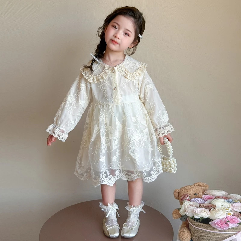 

2026 Spring Hot Selling Doll Collar Cotton Splicing Lace Waist Cute Long Sleeve Medium Length Dress