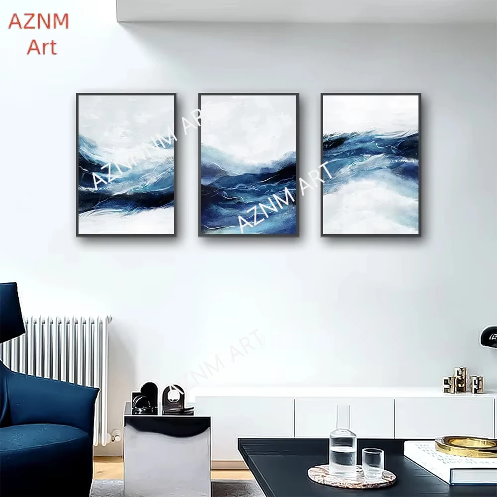 1PC/3 stücke Abstrakte Weiß Schwarz Blau Welle Poster Leinwand Druck Malerei Wand Kunst Poster Schlafzimmer Wohnzimmer Dekoration ideale Geschenke