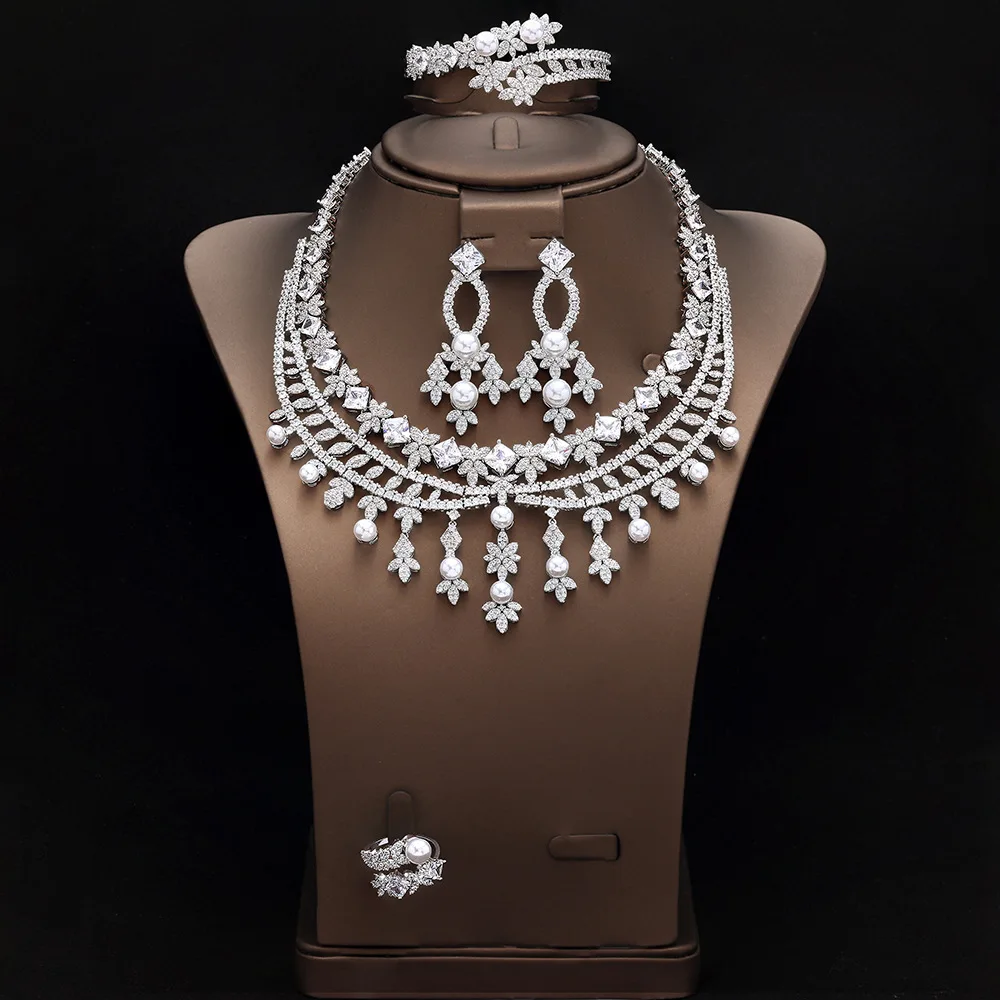 Vintage Women 4Pcs Jewelry Set Copper Zircon Pearl Tassel Clavicle Choker Necklace Earrings Bracelet Ring Luxury Christmas Gifts
