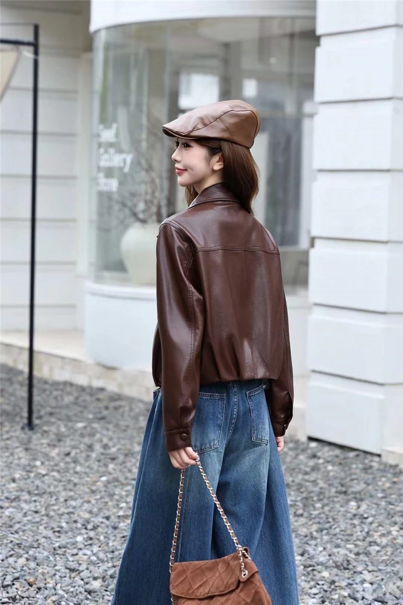 Black Short Faux PU Leather Jacket Big Pocket Lapel Single-Breasted Long Sleeve Autumn New Women Imitation Leather Biker Jacket