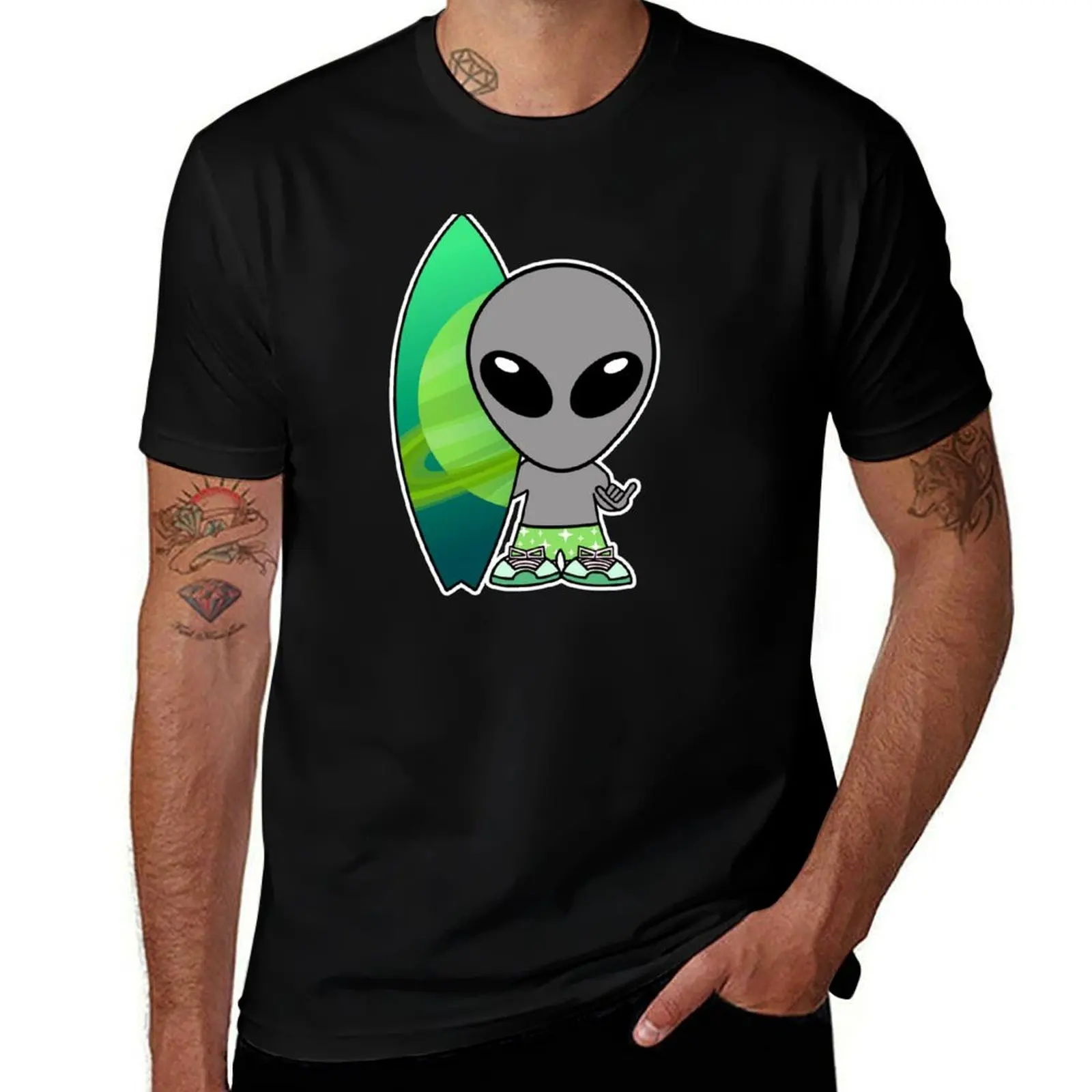 

Alien with Surfboard T-Shirt t shirts for man graphic funny t shirts for man slim fit cotton tshirt 100% T-Shirt