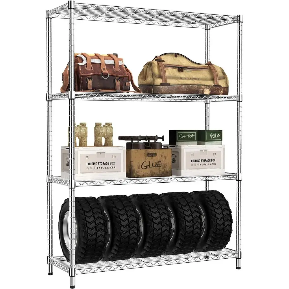 

4-ярусный металлический стеллаж для хранения высокой прочности - для гаража, кухни, офиса, общежития, склада (серебристый, 15.8 гл x 45.8 ш x 59.4 в, дюймы)