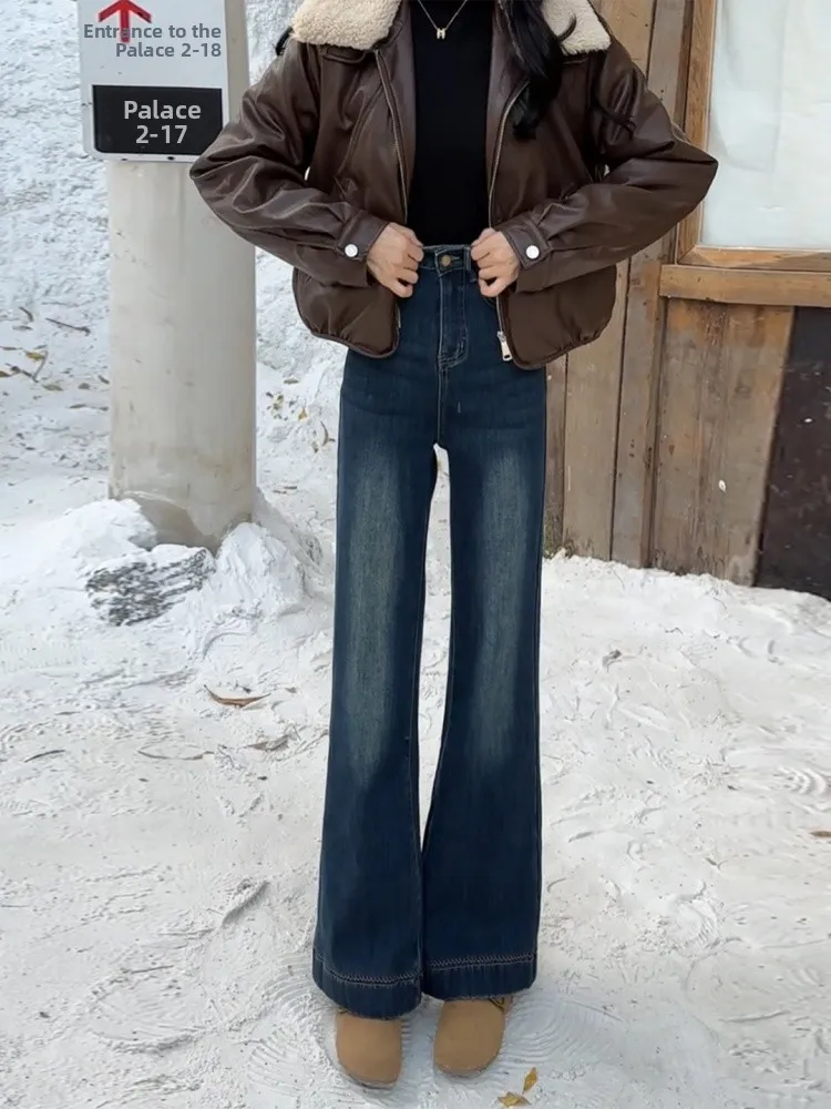 

Retro Fleece Lined Thickened Wide Leg Jeans Women's Winter plus Size High Waist Slimming Non Fitting Denim Pants Casual Wear