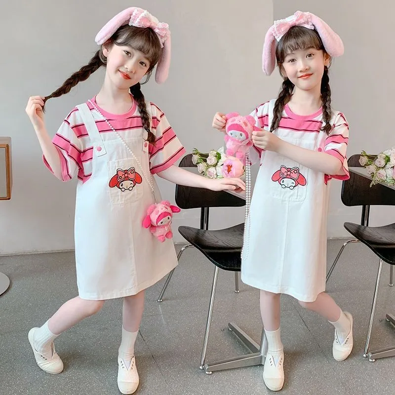

2025 My Melody Anime Kawaii Sanrio Short Sleeve Hoodie Skirt Summer Cute Cartoon Two-piece Dress Clothes Gifts for Girls