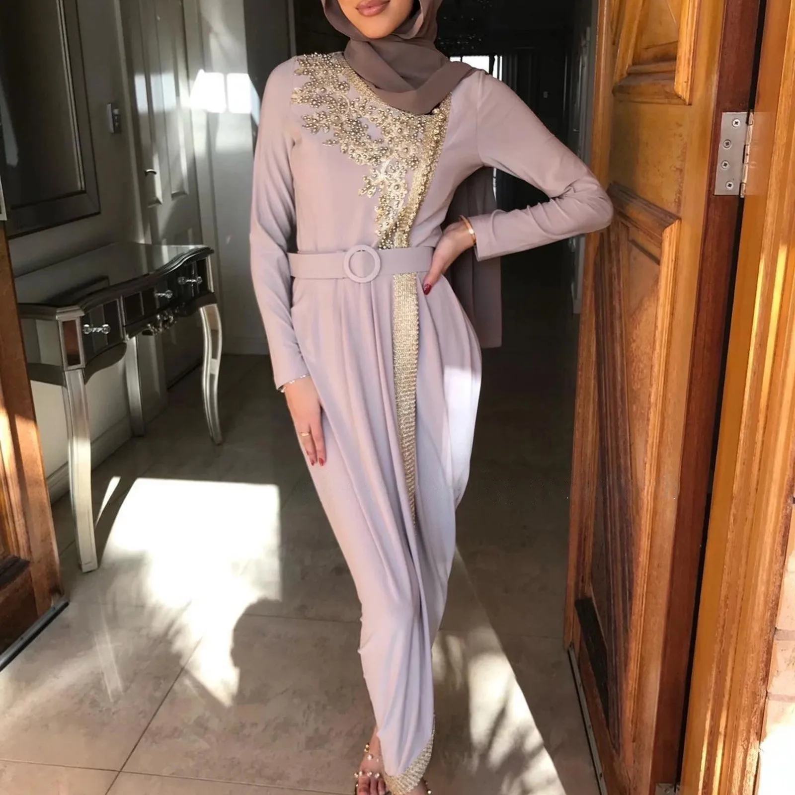 

And Long Solid Ankle Embroidered Dress Satin Color Waist Women's Soft Sleeve Muslim Clothes Elegant Extravagant Women's Muslim