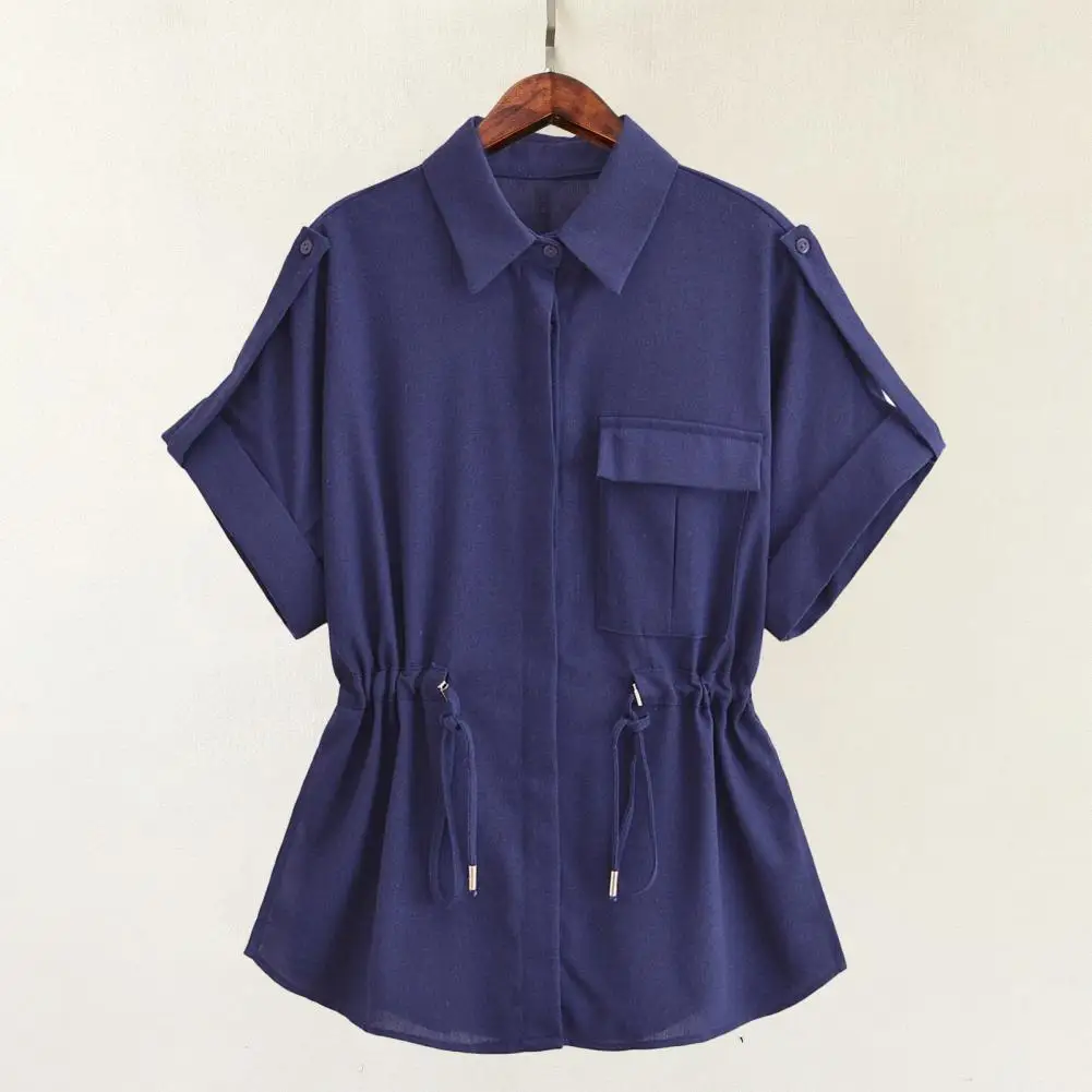 Women Shirt Stylish Women's Lapel Shirt with Drawstring Waist Flap Pockets Casual Loose Fit Single Breasted Top for Daily Wear