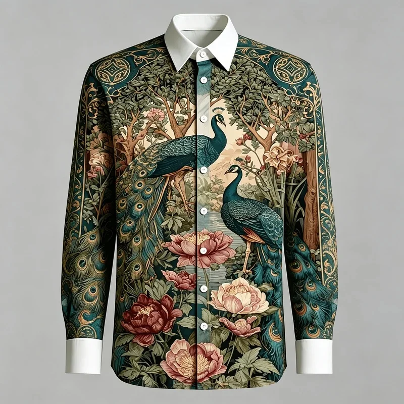 Classic peacock floral print men's long sleeved shirt, versatile and trendy top for weddings and dinners