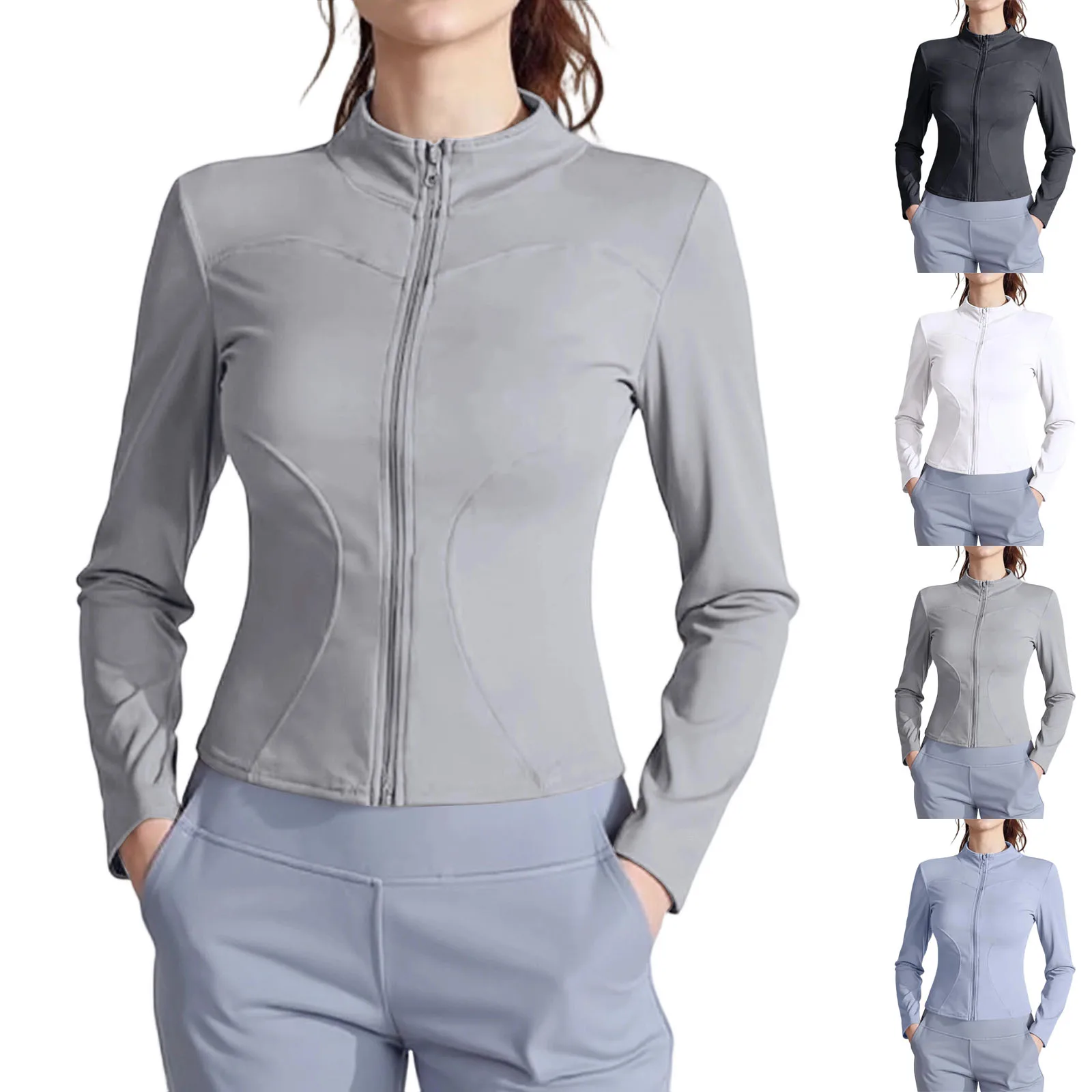 

Women Sport Jacket Fashion Casual Slim Fit Cardigan Jacket Yoga Fitness Clothes Thin Top Stand Collar Nylon Sun Top Coat