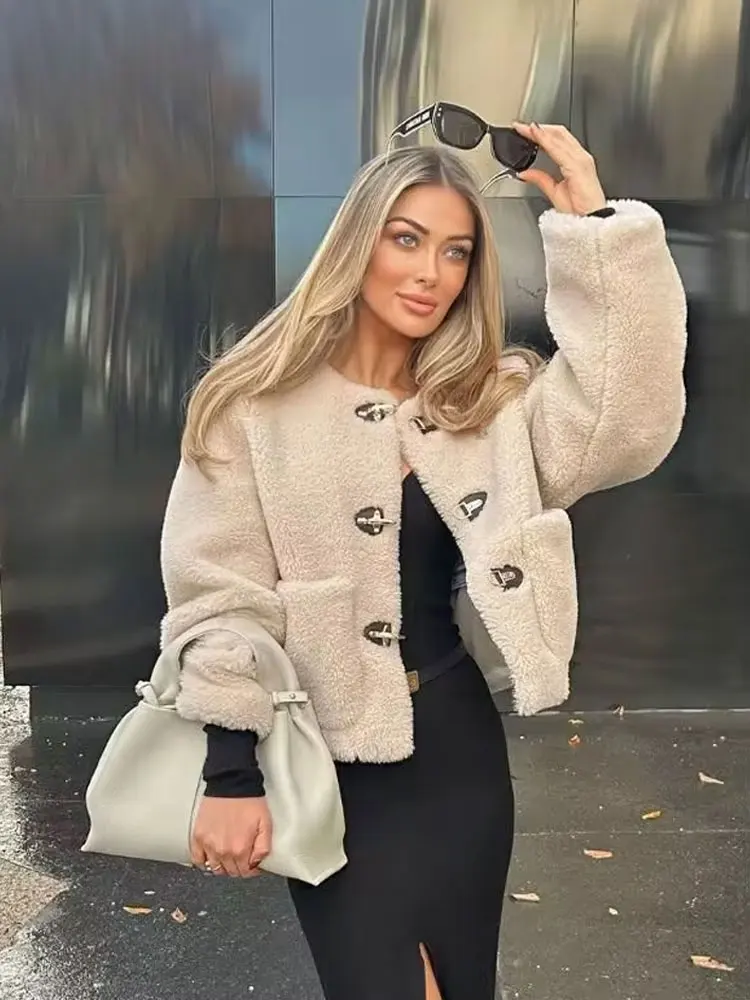 

HH женское зимнее модное теплое флисовое пальто с длинными рукавами, круглым воротником и карманами, однобортная уличная верхняя одежда