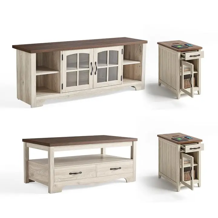 

4pc Farmhouse Living Room Table Set TV Stand 65in Coffee Table Drawer 2 End Tables Charging Station Gray Custom