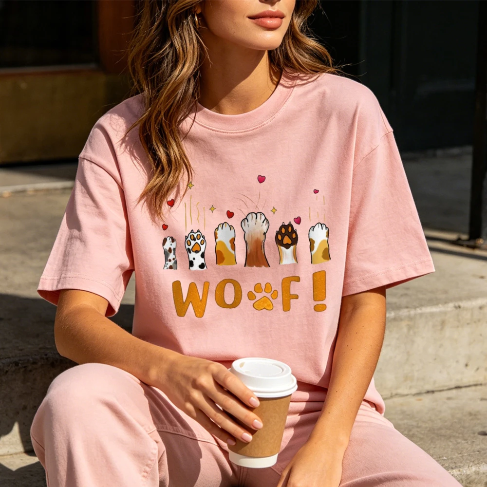 Cute WOOF Dog Paw Print Graphic T-Shirt Cartoon Multicolor Puppy Paws Hearts Star Short Sleeve Women Crewneck Cotton Tshirt