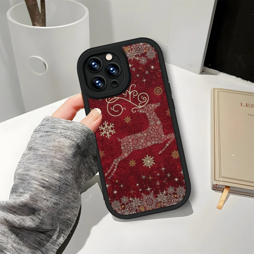 Merry Christmas Deer Tree Lights Phone Case Leather Black For IPhone 13 16ProMax 12 15 11 14 Pro Max Mini Plus Soft Silicone