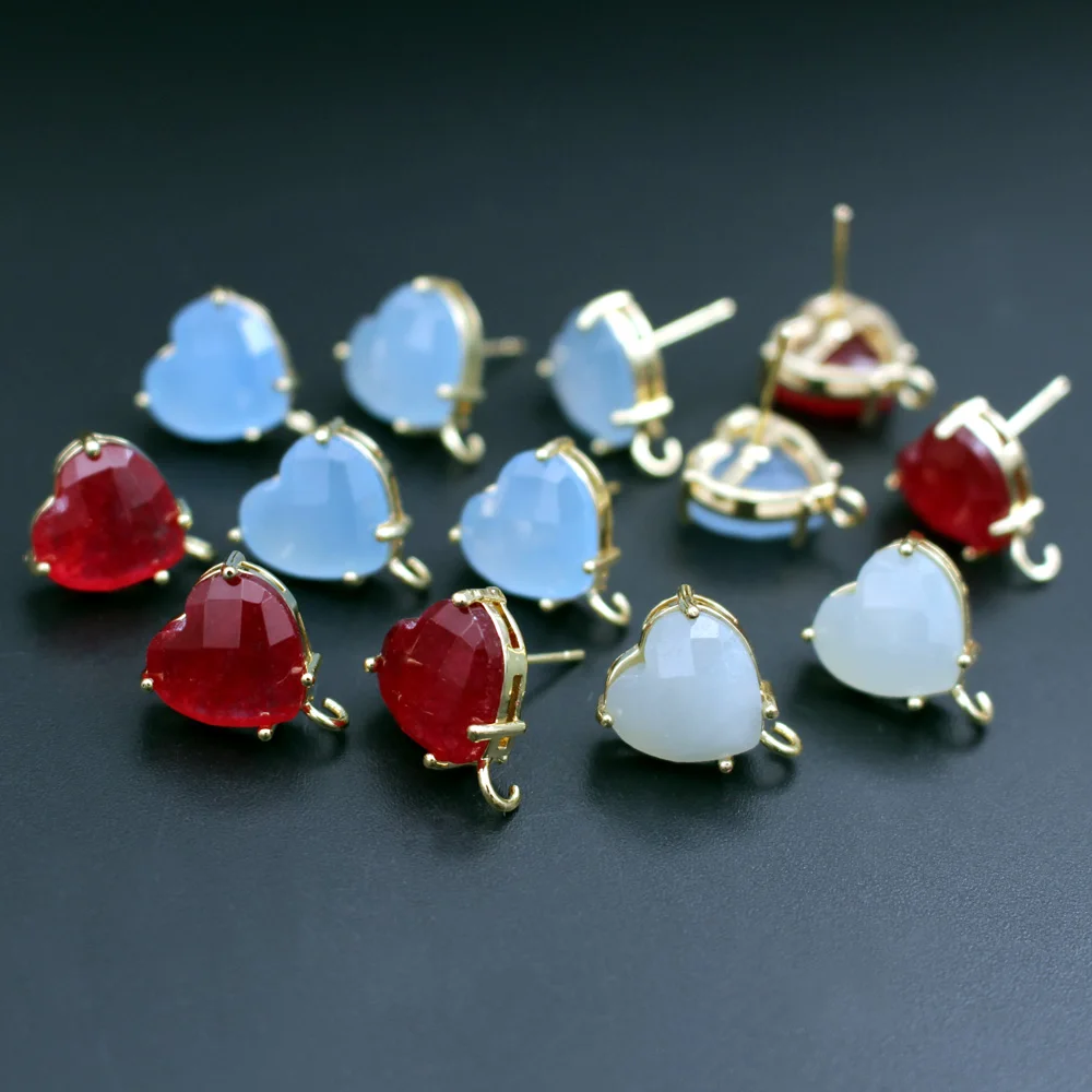 6pair Heart Shape Red Blue Stone Earrings Loop Connector Settings DIY for Women Bridal Hanging on Baroque Pearls Earrings Making