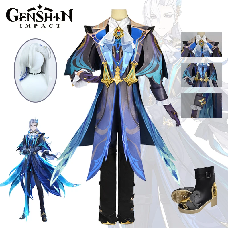 Neuvillette Costume Cosplay Genshin Impact Game parrucca Set Chief Justice Ordainer of inexinable Justice Uniform Halloween for Men