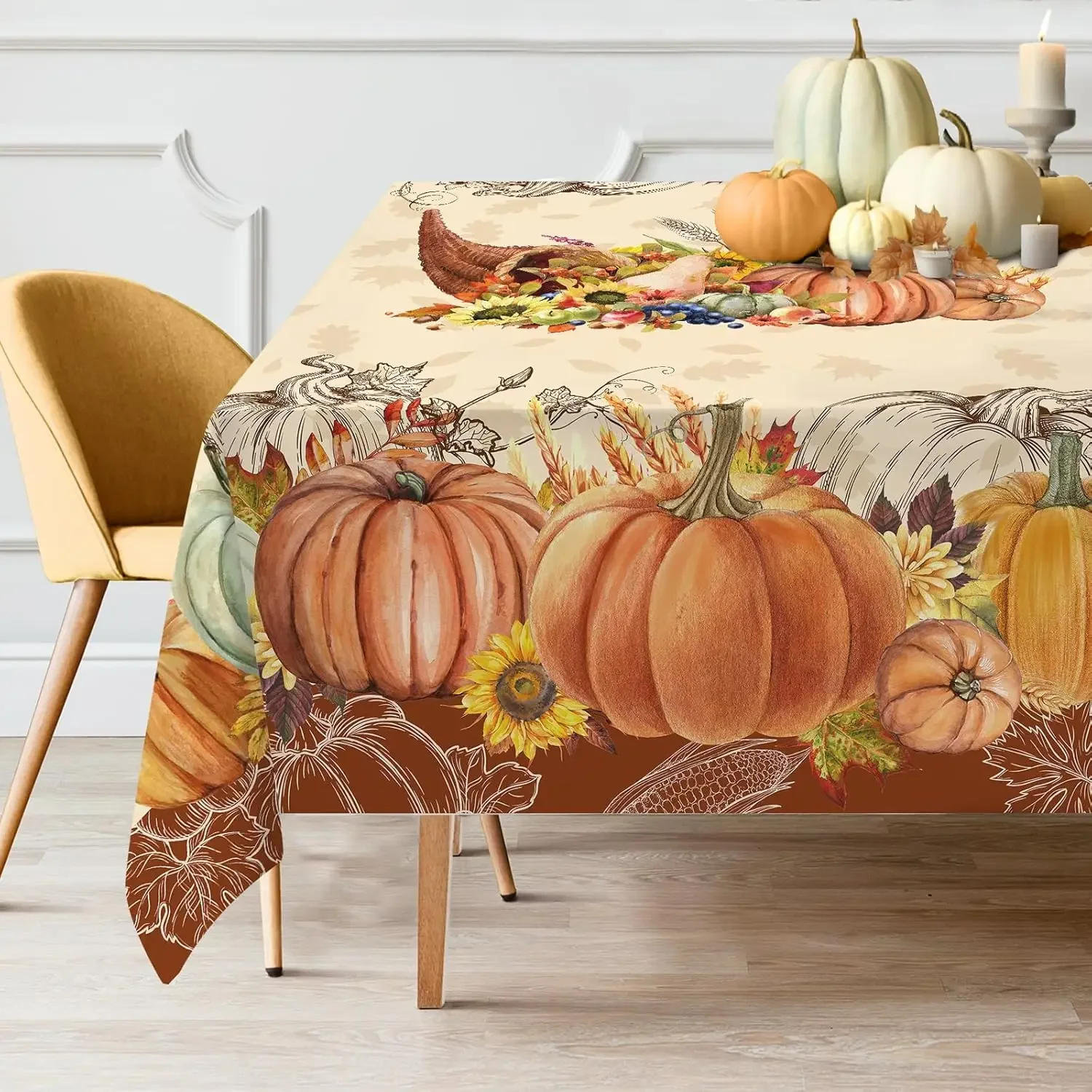 

Осенняя прямоугольная скатерть с тыквой на День Благодарения, декор для праздничной вечеринки, многоразовая скатерть для стола, украшение на День Благодарения