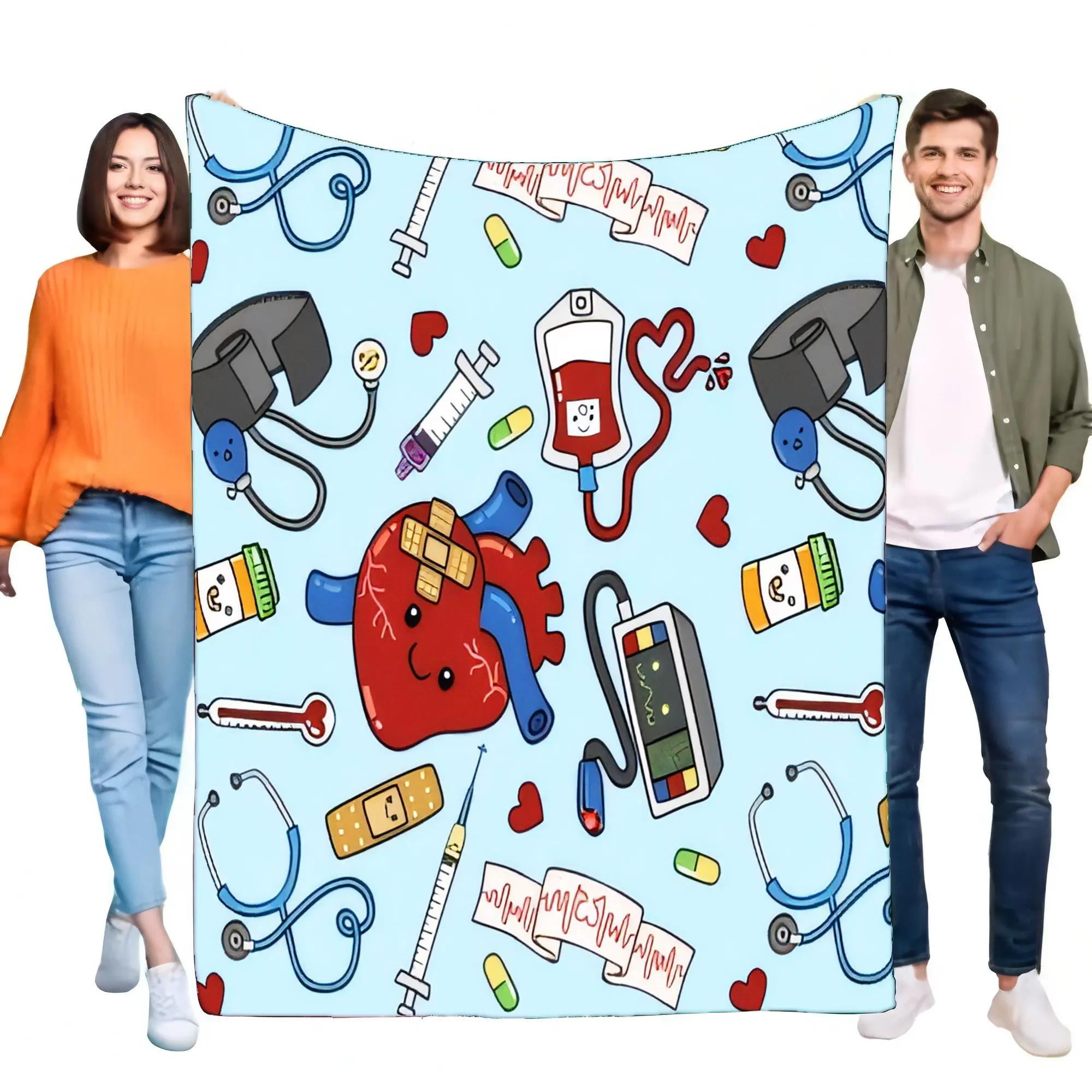 Cartoon Medical Nurse Doctor Blanket with Stethoscope Heart Syringe Pattern. Soft Cozy Fleece Throw Gift for Healthcare Professi