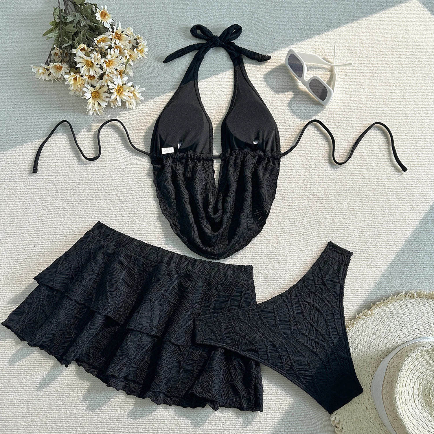 Sexy simples halter conjuntos de biquínis 3 pçs com mini saia volta gravata maiôs maiô praia outfits biquini tankini trikini