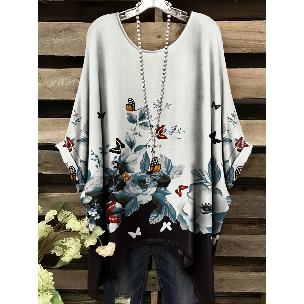 

Summer Women's Elegant Bohemian T-Shirt Heart Floral Print with Butterfly Asym Metrical Hem Round Neck Versatile Casual T-Shirts