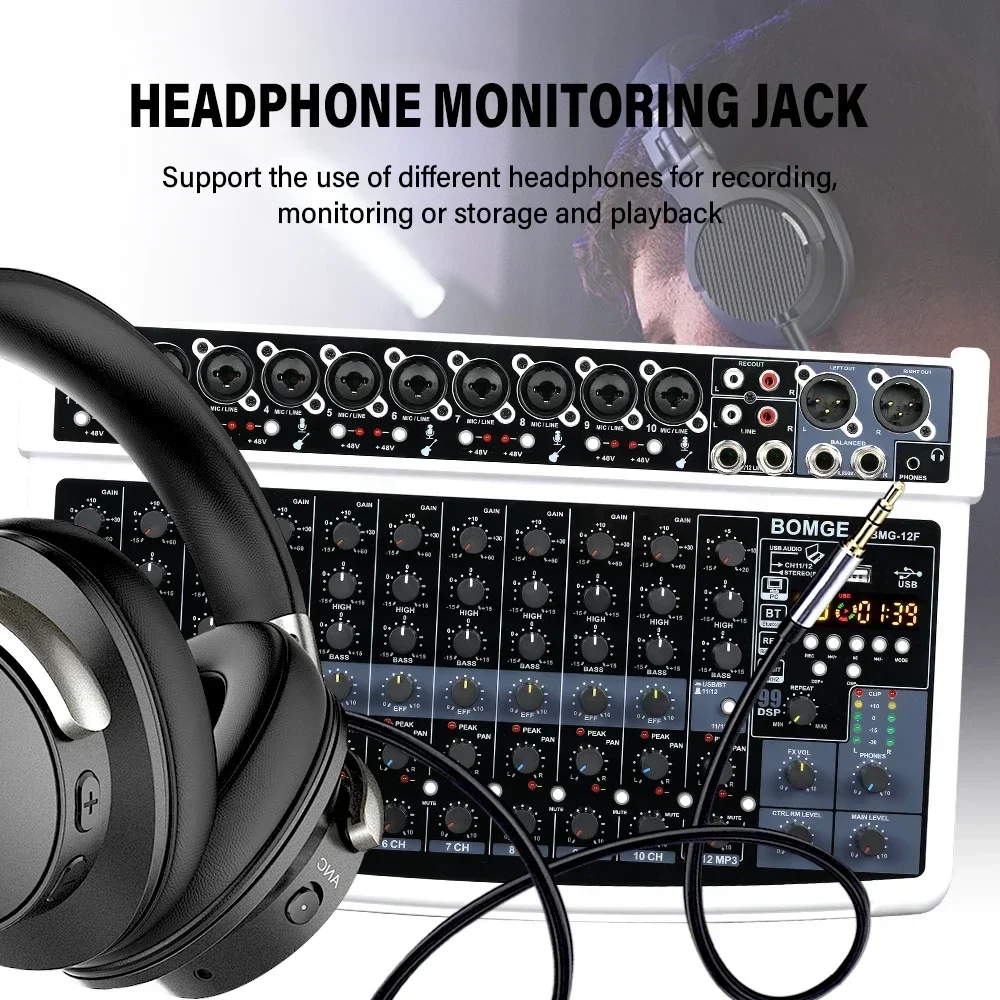 Professional 12 Channel Audio Sound Mixer BOMGE Mixing DJ Console USB 48V Phantom Power 99 DSP Effects Sound Table for Stage