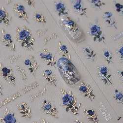 Japanese Vintage Red & Blue Rose Flower Laser Gold Silver Nail Stickers Nail Art Decal Design Manicure Tool High Quality