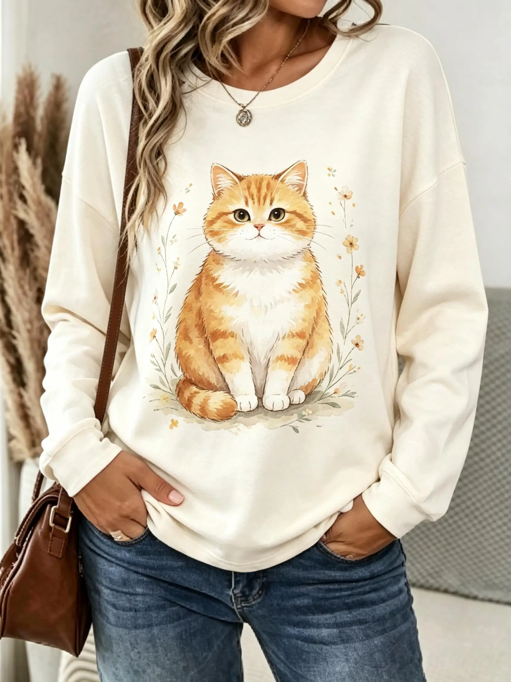 Women Long Sleeve Tee Top Cute Black White Cat Fish Paw Print Autumn Fashion Casual Round Neck Sweatshirt Women's Clothes