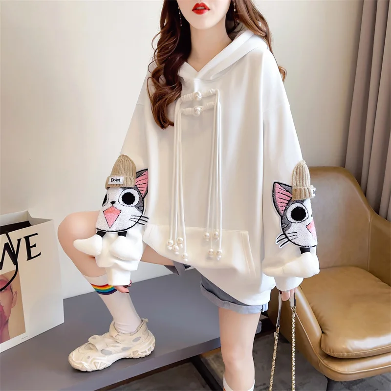 Cute Cat Hoodies Women Fashion Loose Sweatshirts Autumn Winter Female Casual Embroidery Hooded Long Sleeve Tops Streetwear