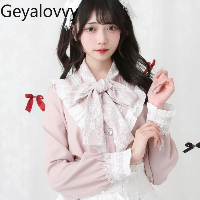 เสื้อเชิ้ตแขนยาวสไตล์ญี่ปุ่น แต่งโบว์ใหญ่ประดับคริสตัล ดีไซน์หวานซ่อนเปรี้ยว แต่งผ้าลูกไม้ ตัดเย็บอเนกประสงค์ กระดุมแถวเดียว