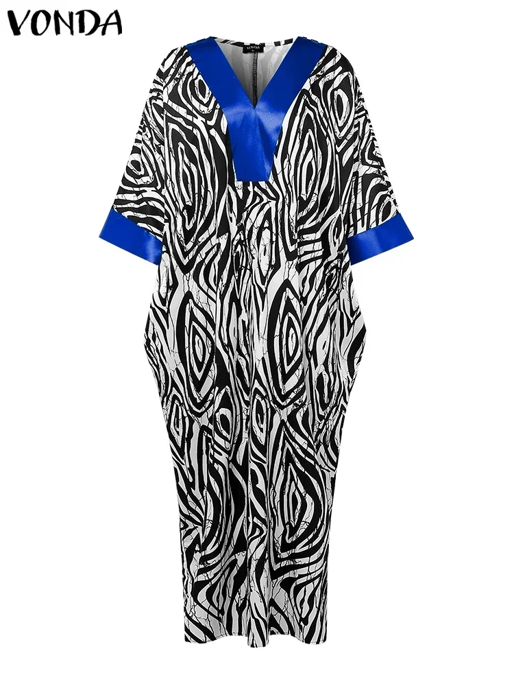 Vonda feminino plus size vestidos vintage manga alargamento cetim maxi vestido de verão com decote em v impressão retalhos vestidos longos festa robe 5xl