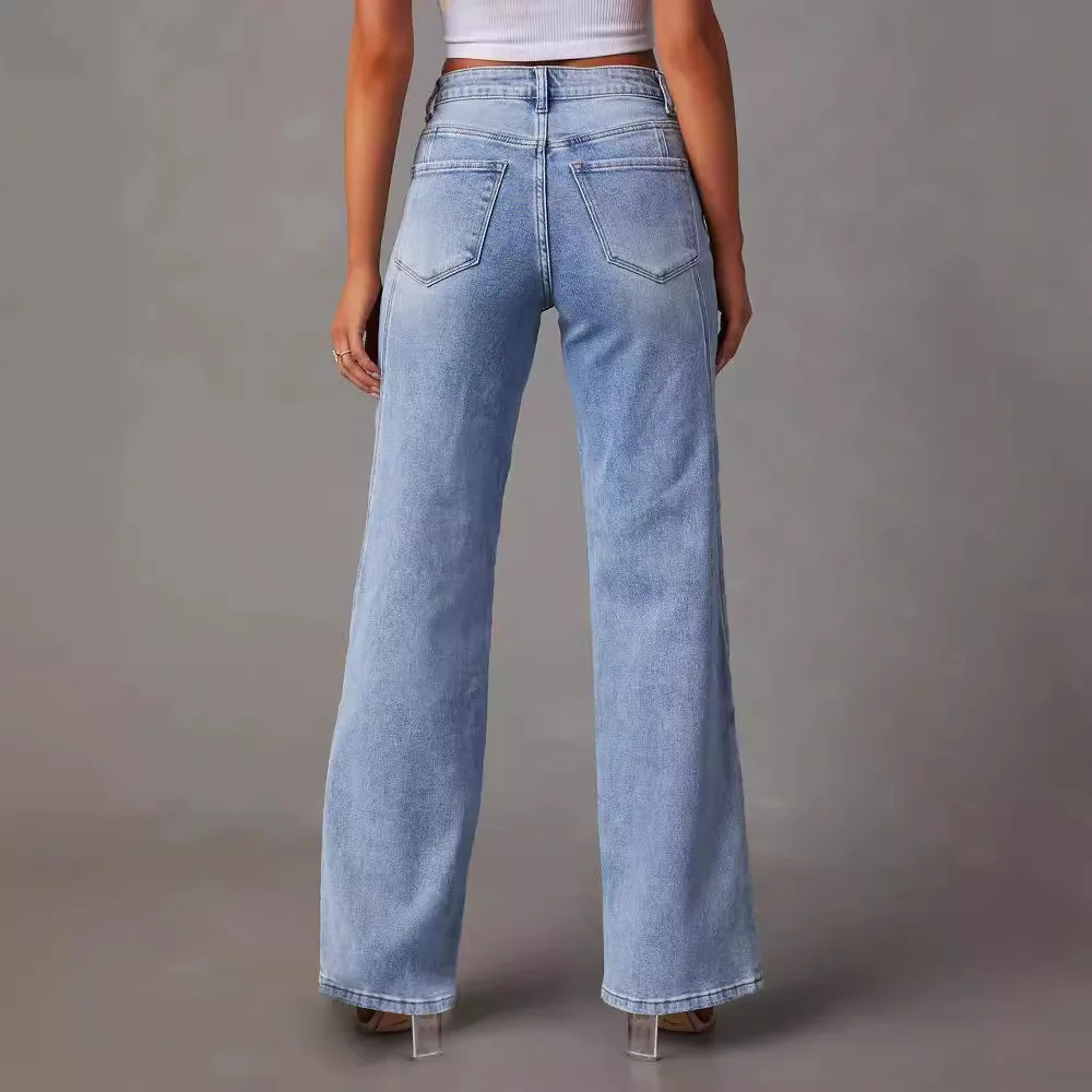 Dżinsowe spodnie z szerokimi nogawkami dżinsy damskie średniej talii luźne kieszenie w stylu vintage spodnie w trudnej sytuacji Streetwear 2024 jesienne dżinsy na co dzień — zdjęcie 5