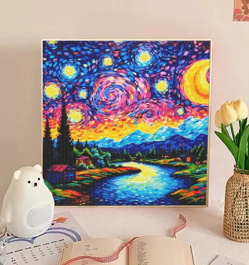 ファンタジースターリースカイアートダイヤモンド絵画風景クロスステッチセット、フルラウンドまたはスクエアダイヤモンドモザイク、家の装飾