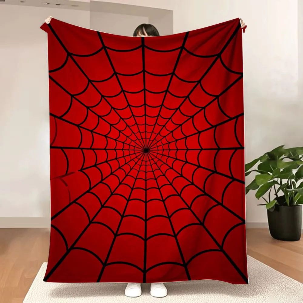 Red Spider Web Pattern Plush Throw Blanket Symmetrical Stylized Design Black Lines On Red Background For Cozy Sofa Bed Warm