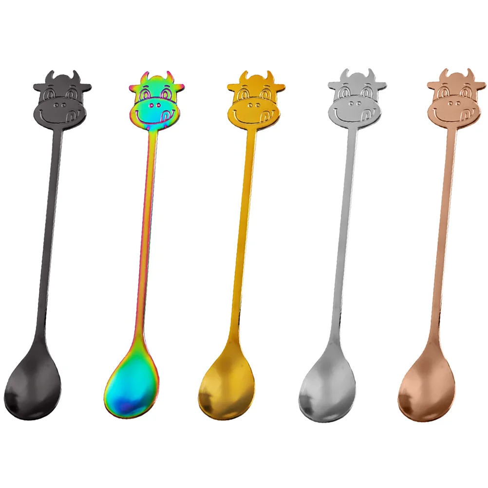 

5 Pcs Creative Bull Stainless Steel Spoons Dessert Coffee Stirring Spoon Portable Small Tableware Endearing Appearance