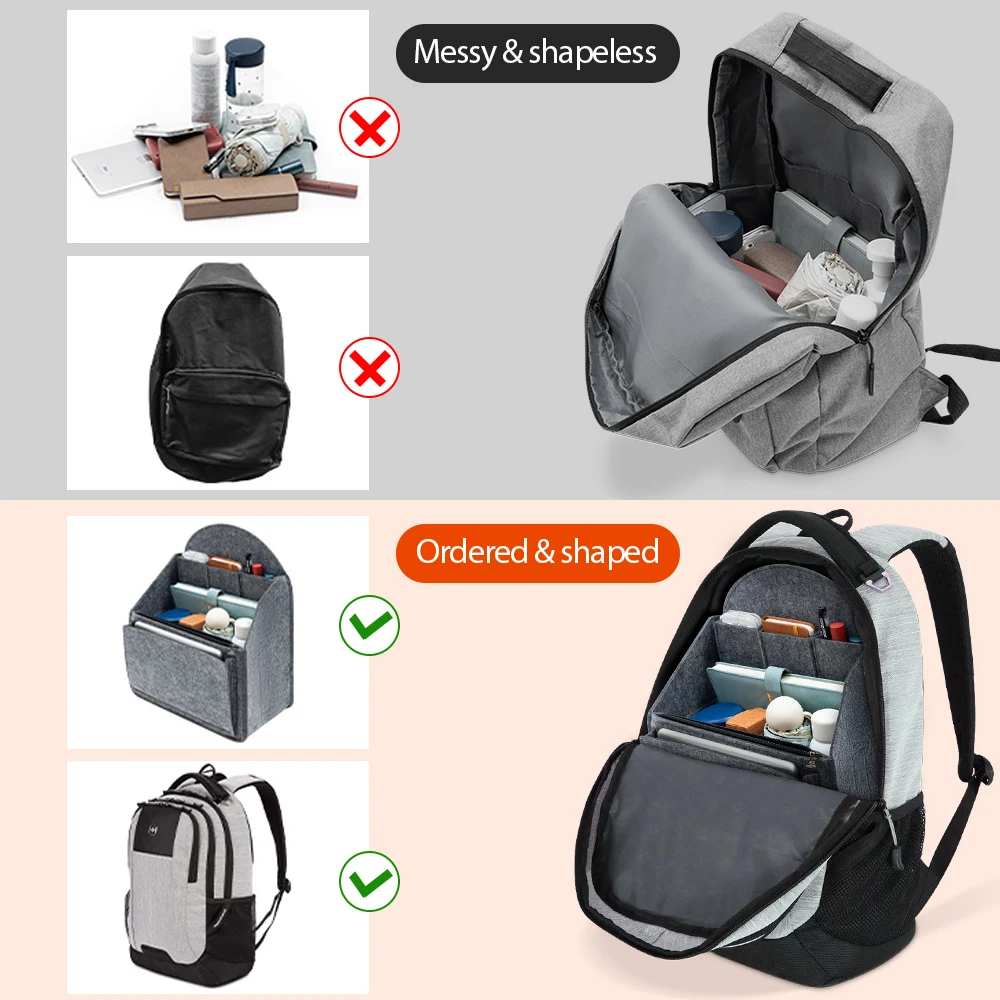 Felt Backpack Organizer Insert, 6-Pocket Inner Liner for Rucksack Handbag Shoulder Bag, Lightweight Durable