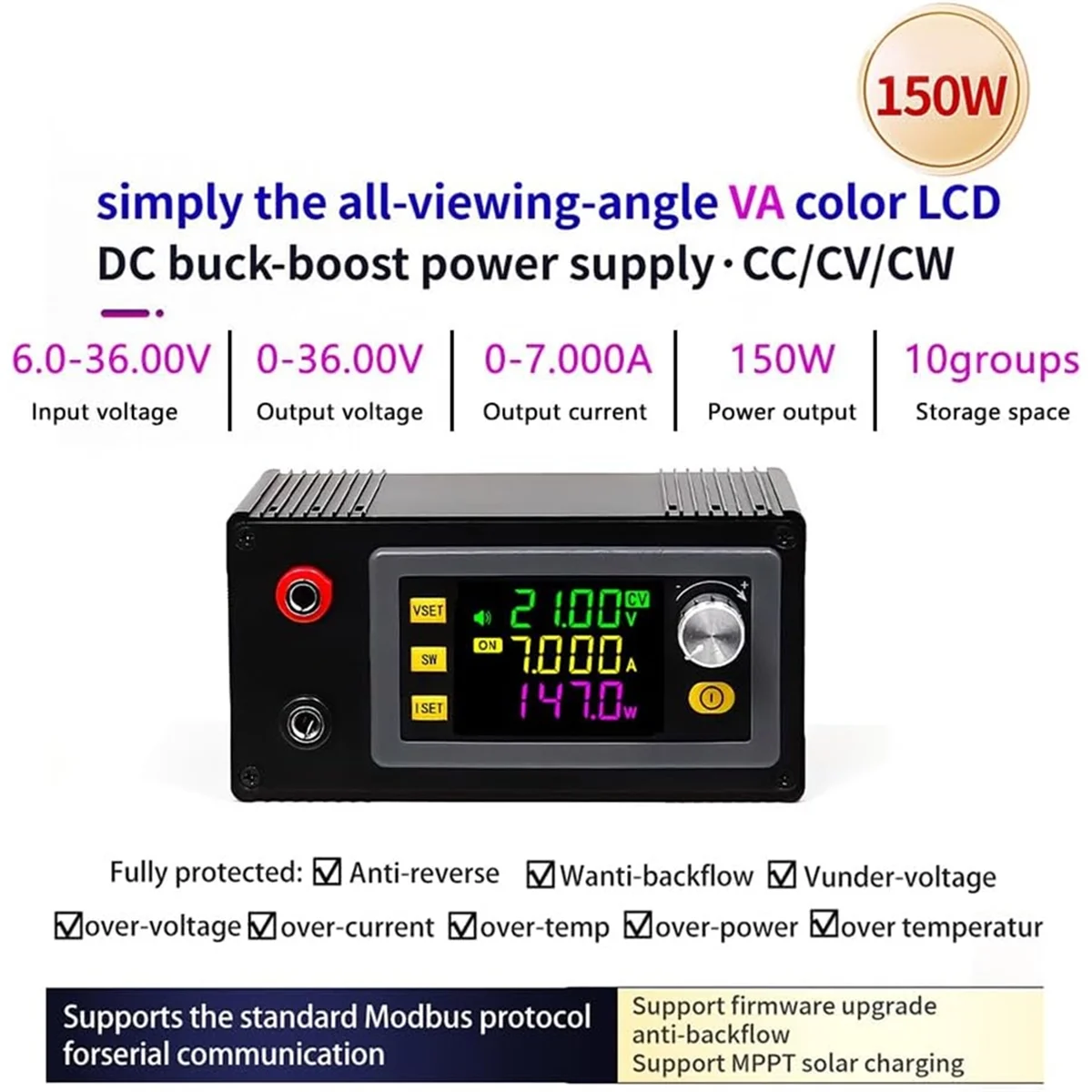 A002 DC Einstellbarer Buck-Boost-Konverter, 150 W DC 6–36 V auf 0–36 V Spannungsregler mit Gehäuse 12 V 24 V 150 W CC CV LCD-Bildschirm