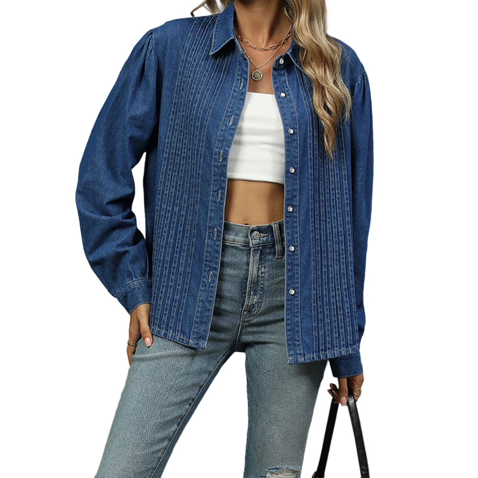 

Женская джинсовая куртка с длинным рукавом и отложным воротником на пуговицах, однотонная осенняя куртка, уличная одежда