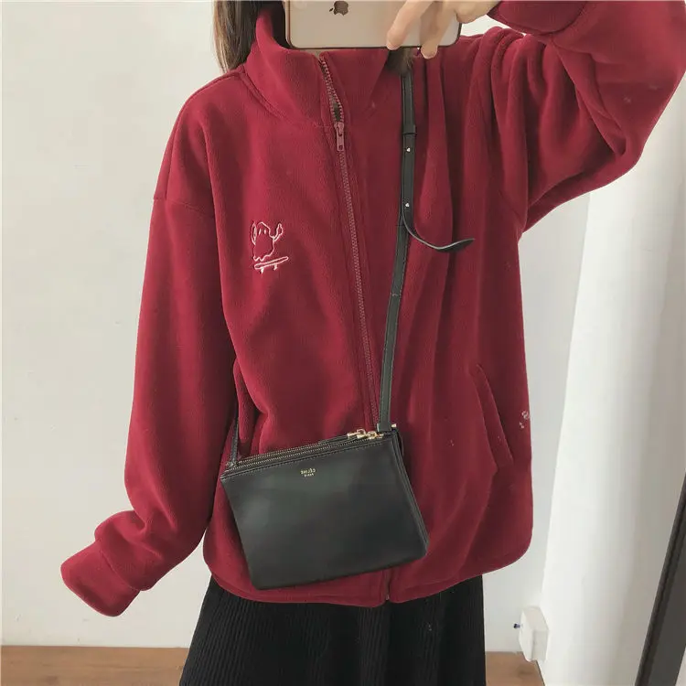 Winter Long Sleeve Zip Up Hoodie Jacket Coat Casual Harajuku Women Fleece Sweatshirts Thick Warm Embroidery Plush Outwear Hoodie