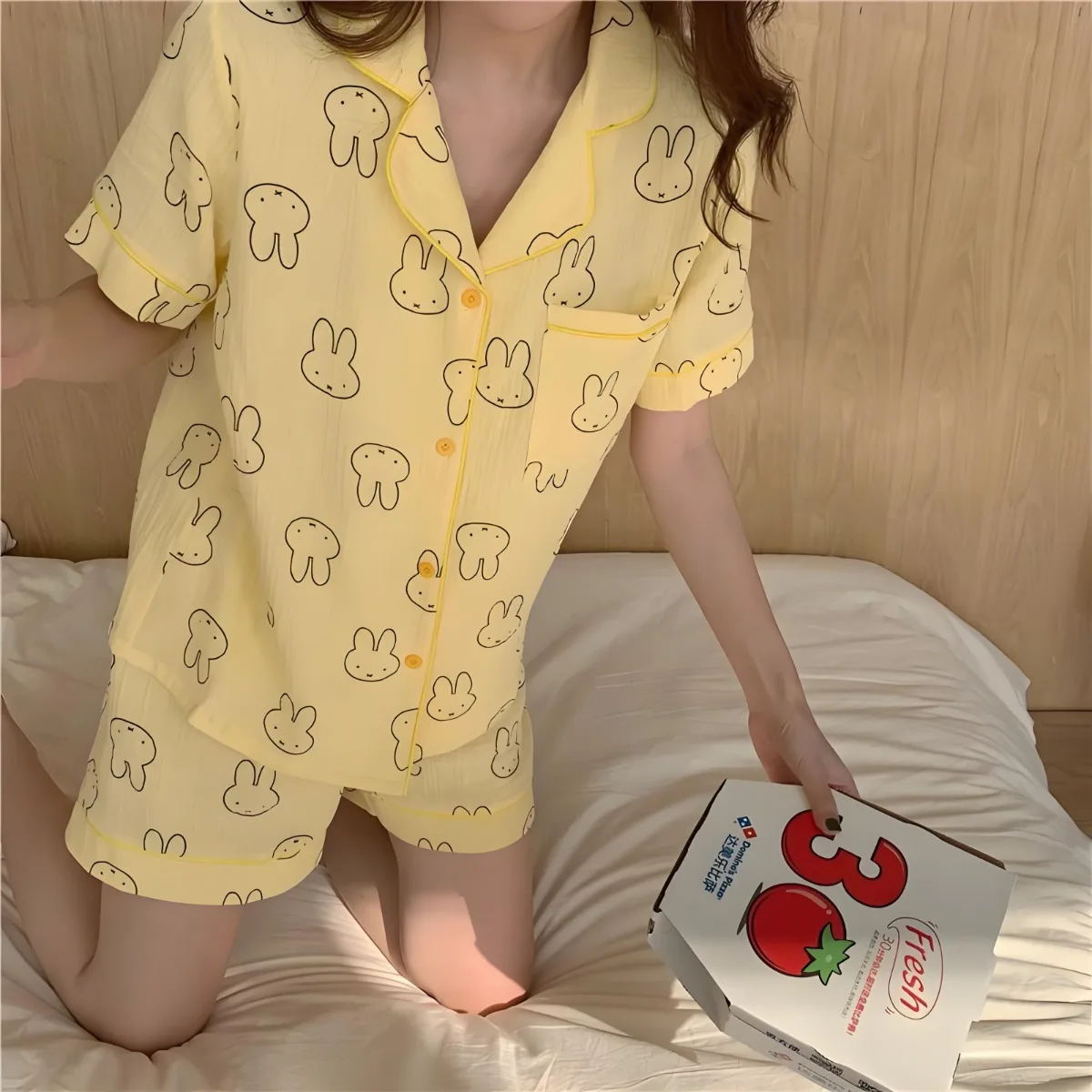 Kawaii أنيمي ميفي أرنب الكرتون منامة مع قلب بناتي الصيف فضفاضة رقيقة تنفس قصيرة الأكمام السراويل ملابس المنزل مجموعة #2