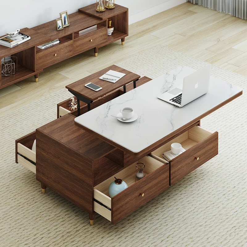 Lifting coffee table  dual-purpose multi-functional dining table simple small apartment household rock slab retractable folding
